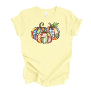 Pu&ograve; includere: T-shirt giallo chiaro con un design di zucche colorate. Le zucche sono decorate con vari motivi, tra cui cuori, strisce e quadri. Ideale per l'autunno.