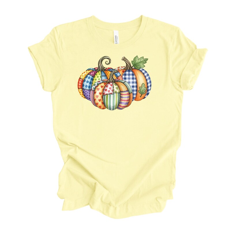 Pu&ograve; includere: T-shirt giallo chiaro con un design di zucche colorate. Le zucche sono decorate con vari motivi, tra cui cuori, strisce e quadri. Ideale per l'autunno.