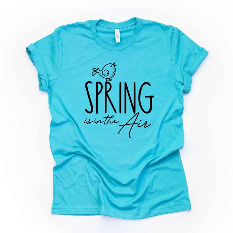 May include: A turquoise blue t-shirt with a black graphic of a bird and the text "Spring is in the Air".