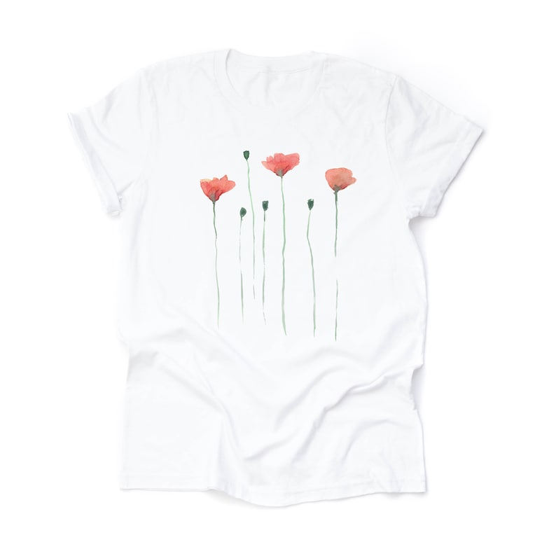 Watercolor Poppy Flowers Shirt, Modern Poppy Flowers Design on premium Bella Canvas unisex shirt, 3 color choices, plus sizes available White