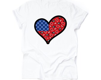 3 color choices White and Blue Bandana USA Heart Design on premium  unisex shirt Super Cute Red Patriotic Tee plus sizes available