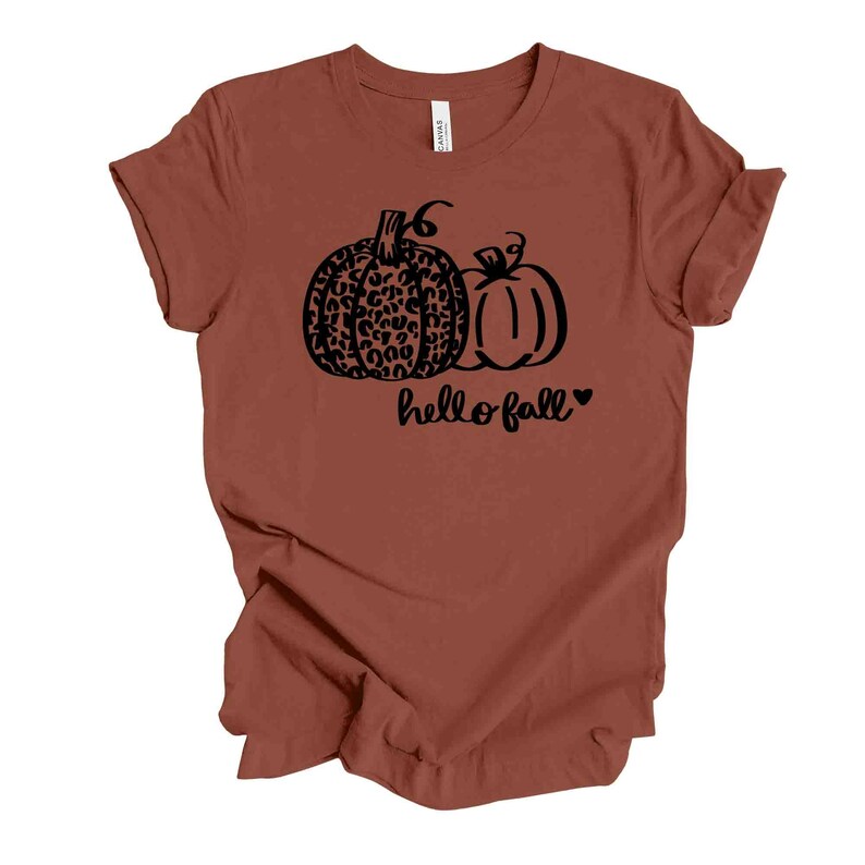May include: A rust-colored t-shirt featuring a black graphic of two pumpkins. One pumpkin has a leopard print design, and the other is a solid outline. The words "hello fall" are written below the pumpkins in a script font, with a heart symbol.