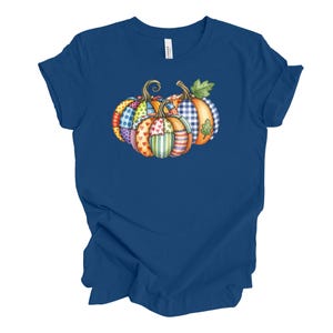 Pu&ograve; includere: Una maglietta blu navy con un disegno ad acquerello di tre zucche. Le zucche sono decorate con vari motivi, tra cui pois, cuori, strisce e quadri. Le zucche hanno steli e foglie verdi.