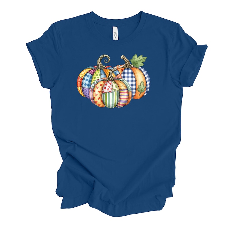 Pu&ograve; includere: Una maglietta blu navy con un disegno ad acquerello di tre zucche. Le zucche sono decorate con vari motivi, tra cui pois, cuori, strisce e quadri. Le zucche hanno steli e foglie verdi.