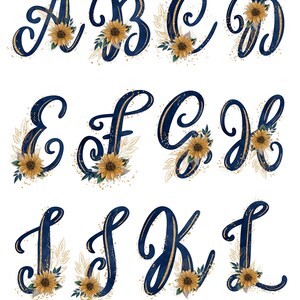 May include: Navy blue alphabet letters with gold glitter and sunflower accents. Each letter is decorated with a sunflower and gold glitter.