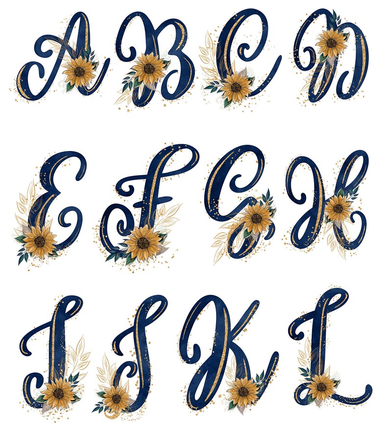May include: Navy blue alphabet letters with gold glitter and sunflower accents. Each letter is decorated with a sunflower and gold glitter.
