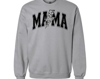 Mama Sweatshirt: Leopard Bolt Design, Gildan Crewneck