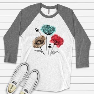 Floral Raglan, Simple Line Flowers with Watercolor Design, premium Raglan 3/4 sleeve shirt, plus size, 2x flowers raglan, 3x flowers raglan image 3