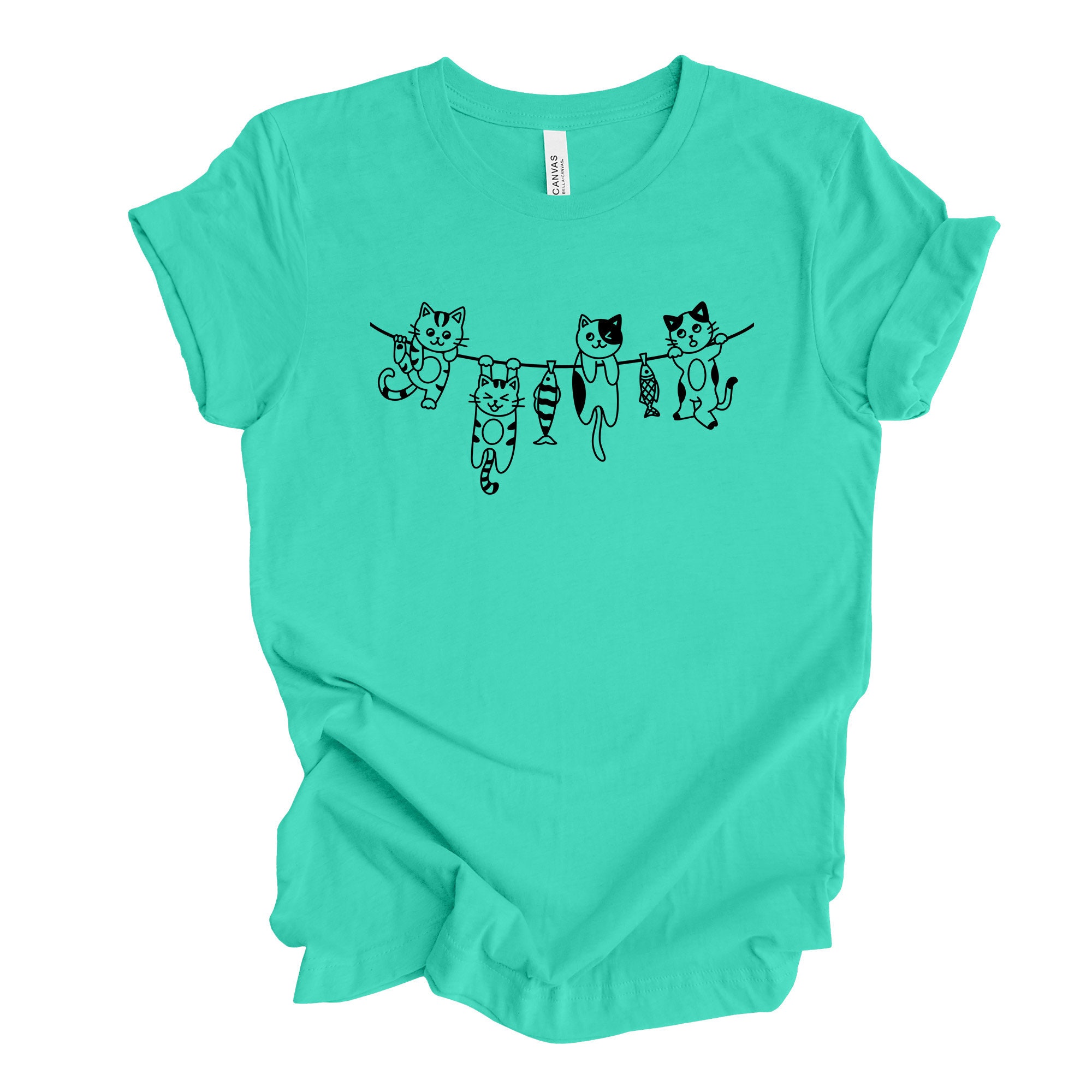 【in a row】[UNISEX] Cats Overfit T-shirt Cat Tee, Super Cute Cats Hanging on Wire, Simple Cats Tee
