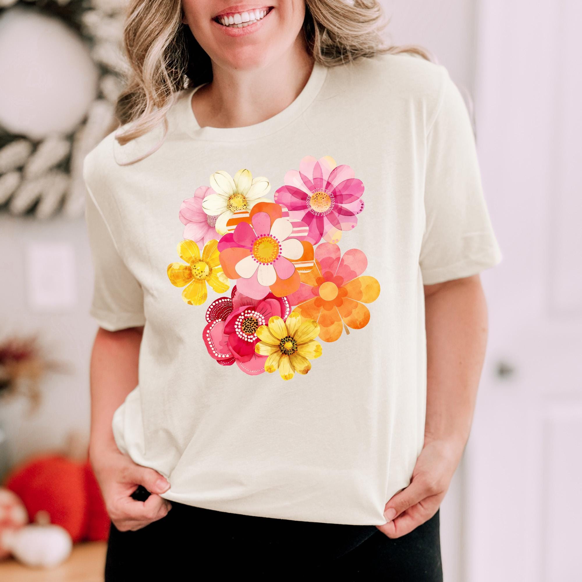 Spring Flowers Tee: Pink & Orange Floral Design - Unisex Shirt - Etsy