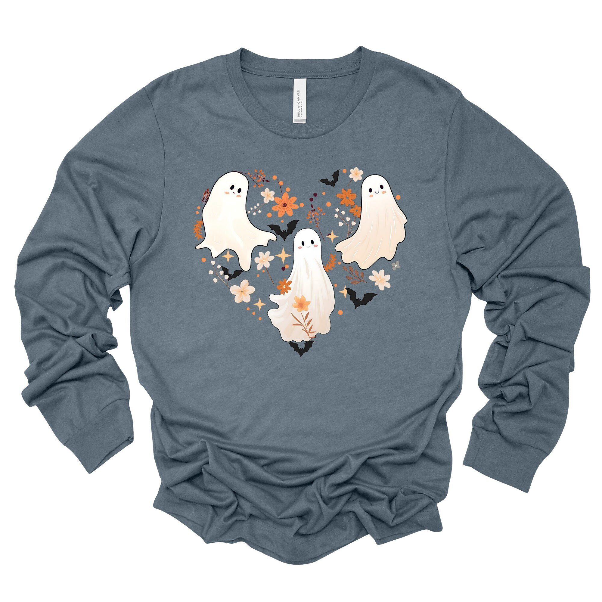 Fall Long Sleeve Tee, Cute Halloween Ghosts, Ghosts in a Heart with Flowers Design, premium unisex long sleeve tee, 3x plus size long sleeve