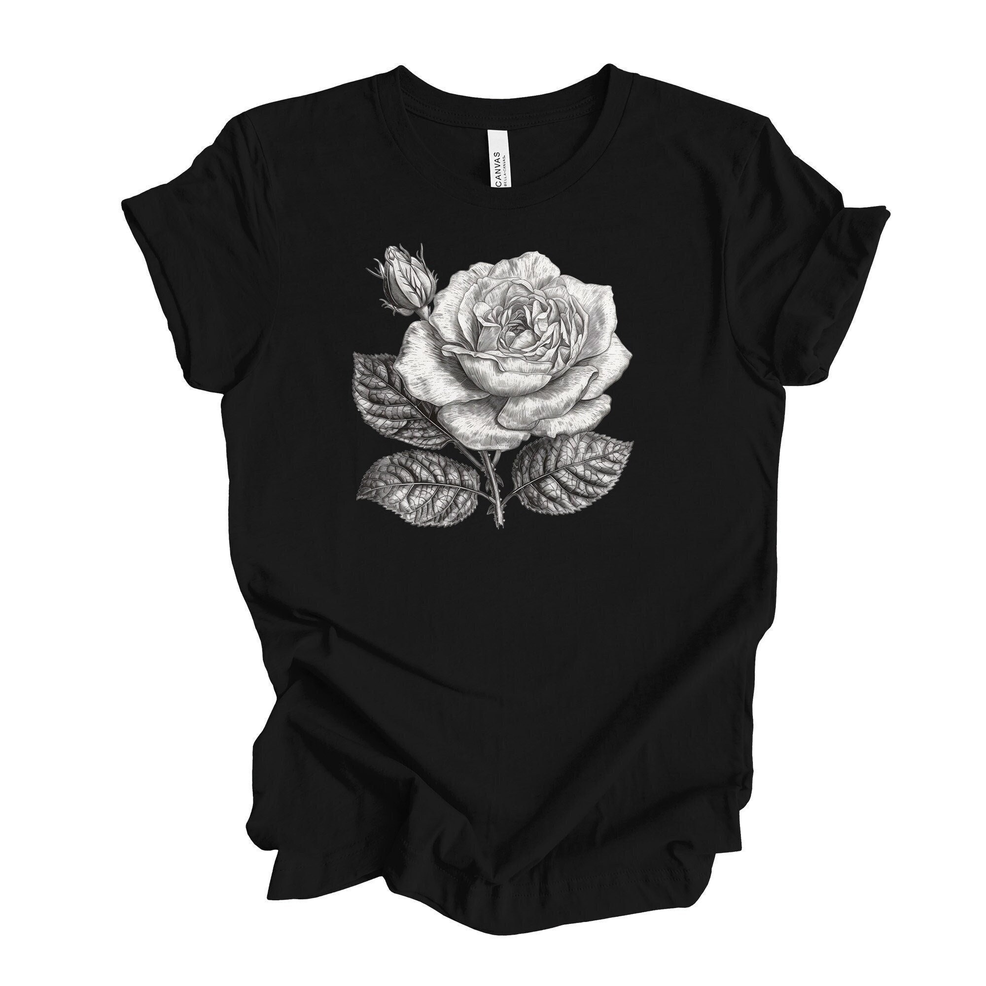 Unique Rose Tee, Grayscale Rose, Black and White Rose Design