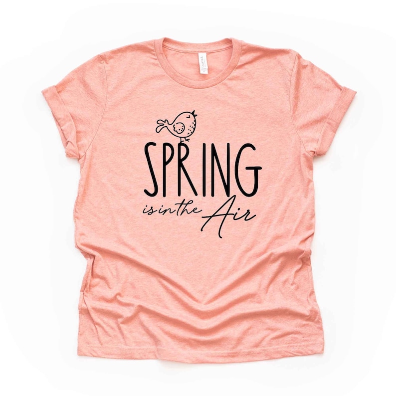 May include: A peach-coloured t-shirt with a black graphic of a bird and the text "SPRING is in the Air".