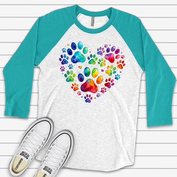 Colorful Paw Print Heart Raglan: 3/4 Sleeve Dog Mom Shirt