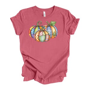 Pu&ograve; includere: T-shirt rosa polveroso con un disegno ad acquerello di tre zucche. Le zucche sono decorate con vari motivi, tra cui pois, cuori, strisce e quadretti. Il disegno &egrave; nei toni dell'arancione, del blu, del verde e del giallo.