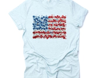 Floral American Flag Shirt: Patriotic USA Design - Bella Canvas Unisex Tee