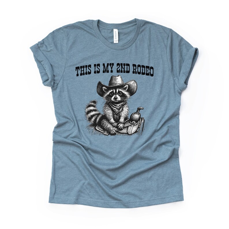 Pode incluir: Uma camiseta azul claro com uma ilustra&ccedil;&atilde;o em preto e branco de um guaxinim usando um chap&eacute;u de cowboy e montando uma sela. O texto "This is my 2nd Rodeo" est&aacute; impresso na camiseta.