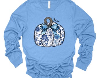 T-shirt à manches longues bleu citrouille floral - Design automne preppy