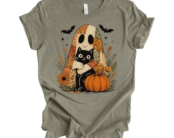 Fall Ghost Shirt: Quilt Ghost with Black Cat - Unisex Tee