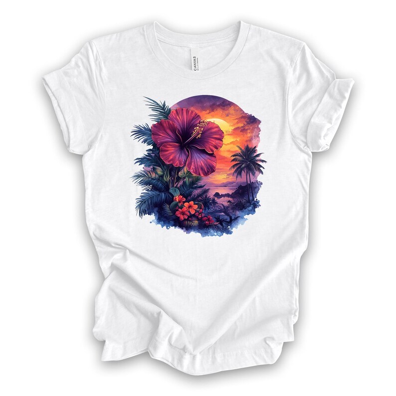 May include: White t-shirt featuring a vibrant tropical design. A large, purple hibiscus flower is the focal point, surrounded by lush green and blue foliage. The background depicts a sunset over a beach with palm trees, creating a colorful and scenic graphic.