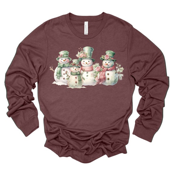 Christmas Long Sleeve, Cute Pastel Snowman, Snowwoman, Pink