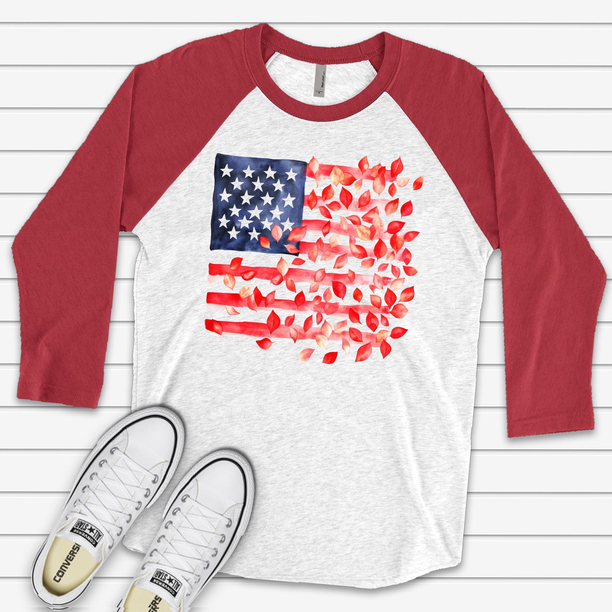 Patriotic Raglan, American Flag with Flower Petals, USA Flag Design, premium Raglan 3/4 sleeve shirt, plus size, 2x raglan, 3x raglan