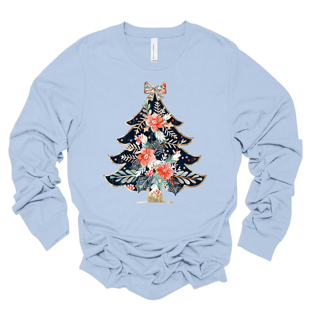 Christmas Long Sleeve, Preppy Floral Christmas Tree, Christmas Tree & Bow Design, Premium Unisex Long Sleeve Tee, 3X Plus Size Long Sleeve Iconictees