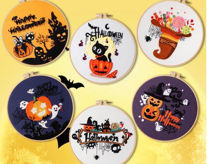Happy Halloween Embroidery Kit For Beginner | Modern Crewel Embroidery Kit with Pattern | Floral Embroidery | Needlepoint Hoop|DIY Craft Kit
