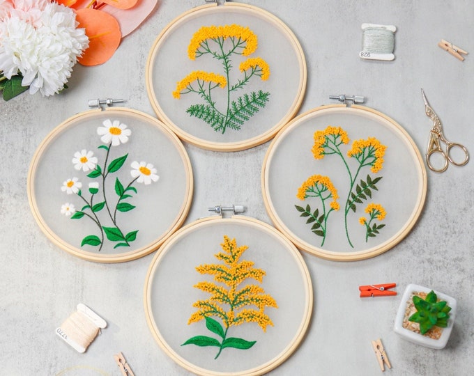 Plants Transparent Embroidery Kit for Beginner,Flower diy Kit, Beginner Hand Embroidery Full Kit ,Diy Start Up Embroidery Set with Pattern