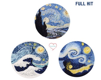 Van Gogh Starry Night Embroidery Kit For Beginner| Modern Embroidery Kit with Pattern|Embroidery Kit with Needlepoint Hoop| DIY Craft Kit