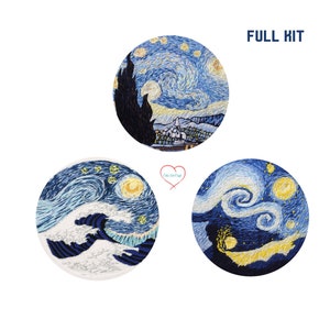 Van Gogh Starry Night Embroidery Kit For Beginner| Modern Embroidery Kit with Pattern|Embroidery Kit with Needlepoint Hoop| DIY Craft Kit