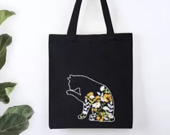 Embroidery Kit Canvas Bag|Modern Flower Pattern Hand Embroidery Kit|Beginner Canvas Tote Bag|Go Green Eco-Friendly DIY Embroidered Tote bag