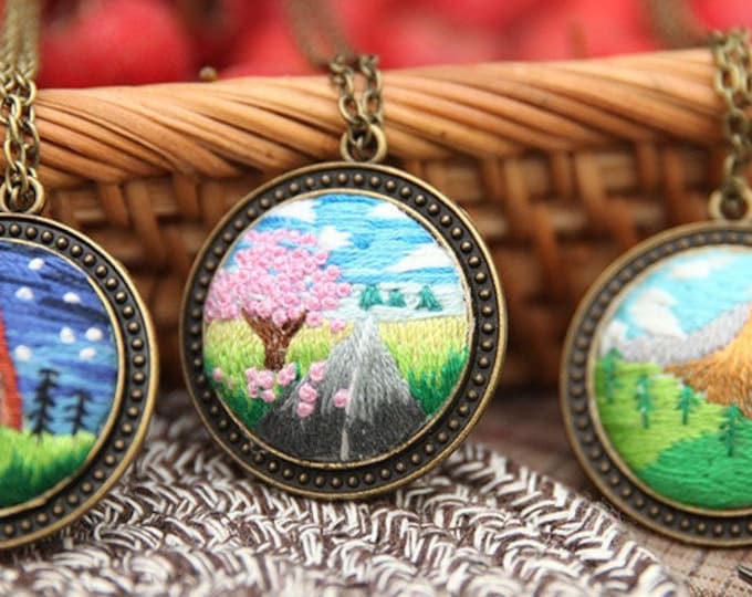 Beginner Embroidery Kit necklace | Embroidered jewelry decor|Embroidered pendant|Handmade embroidery necklace|embroidery chain|gifts for her