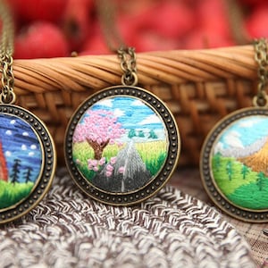 Beginner Embroidery Kit necklace | Embroidered jewelry decor|Embroidered pendant|Handmade embroidery necklace|embroidery chain|gifts for her