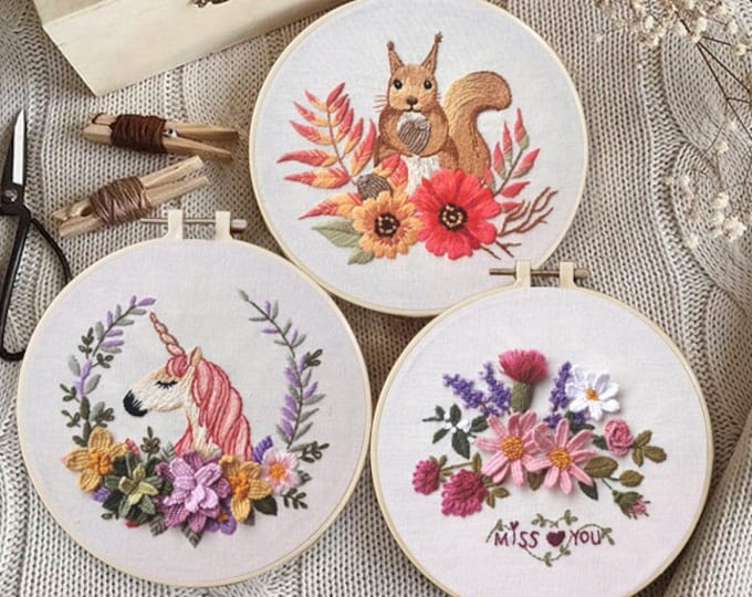 Embroidery Kit For Beginner| Modern Embroidery Kit with Pattern| Flowers Embroidery Full Kit with Needlepoint Hoop| DIY Craft Kit| Squirrel