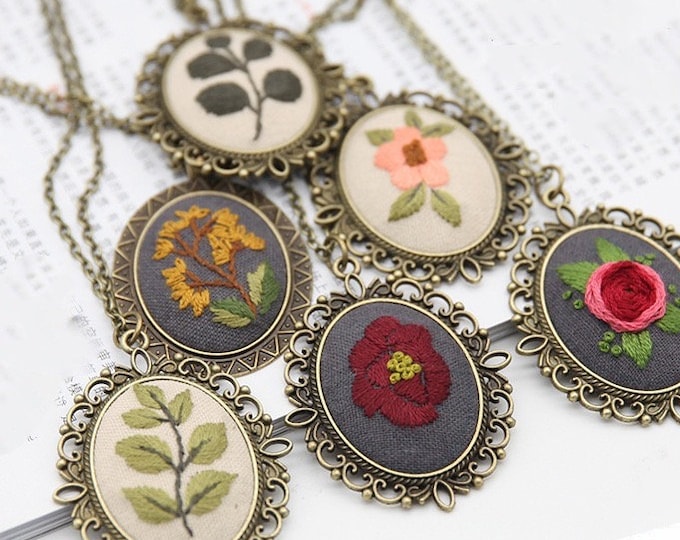 Beginner Embroidery Kit necklace | Embroidered jewelry decor|Embroidered pendant|Handmade embroidery necklace|embroidery chain|gifts for her