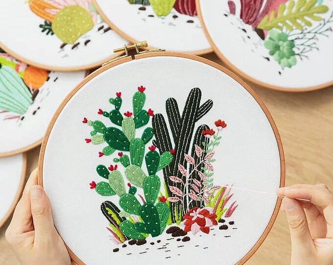 Embroidery Kit For Beginner| Modern Embroidery Kit with Pattern| Wood Embroidery Hoop Plants |Craft Materials Included | Full DIY KIT Plants