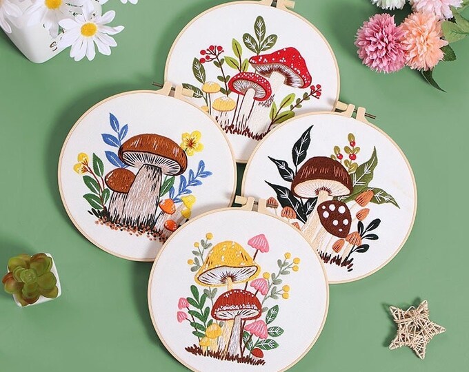 Embroidery Kit For Beginner| Modern Crewel Embroidery Kit with Pattern| Embroidery Hoop |Craft Materials Included Full DIY KIT | Mushrooms