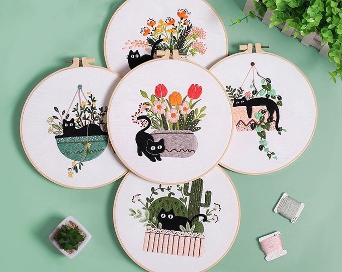 Cat Embroidery Kit For Beginner | Modern Crewel Embroidery Kit with Pattern | Floral  Embroidery Full Kit Needlepoint Hoop| DIY Craft Kit