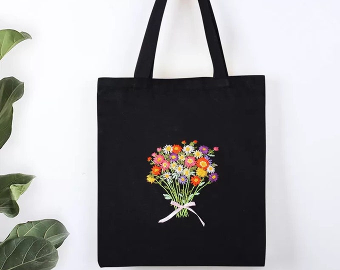 Embroidery Kit Canvas Bag|Modern Flower Pattern Hand Embroidery Kit|Beginner Canvas Tote Bag|Go Green Eco-Friendly DIY Embroidered Tote bag