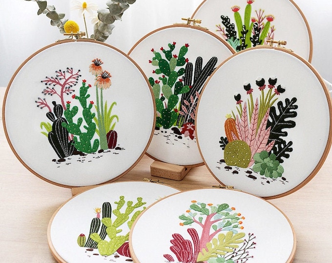 Embroidery Kit For Beginner| Modern Embroidery Kit with Pattern| Wood Embroidery Hoop Plants |Craft Materials Included | Full DIY KIT Plants