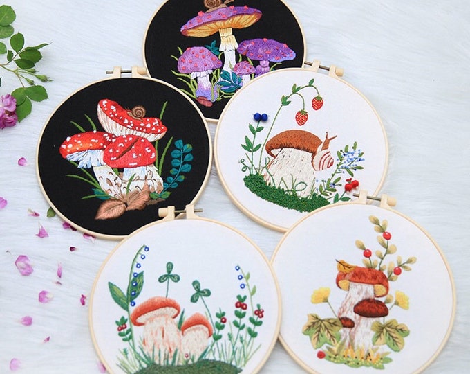 Embroidery Kit For Beginner| Modern Crewel Embroidery Kit with Pattern| Embroidery Hoop |Craft Materials Included Full DIY KIT | Mushrooms