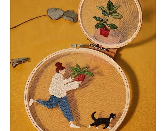 Cat Transparent Embroidery Kit for Beginner,Flower diy Kit, Beginner Hand Embroidery Full Kit ,Diy Start Up Embroidery Set with Pattern Gift