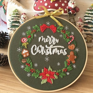 Christmas Wreath Embroidery Full Kit for Beginners|DIY Craft Kit Adult| Christmas Hand Embroidery Supplies|DIY Hoop Art-8 Inches