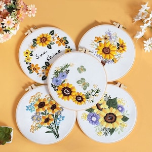 Embroidery Kit For Beginner| Modern Crewel Embroidery Kit with Pattern| Embroidery Hoop |Craft Materials Included Full DIY KIT sunflower