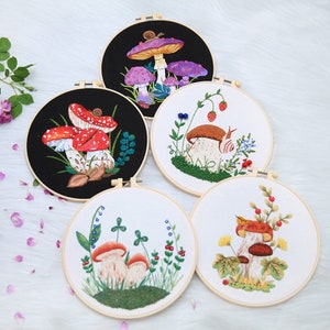 Embroidery Kit For Beginner| Modern Crewel Embroidery Kit with Pattern| Embroidery Hoop |Craft Materials Included Full DIY KIT | Mushrooms
