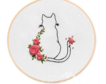 DIY Embroidery Kit For Beginner| Modern Crewel Embroidery Kit with Pattern| Cat Embroidery Hoop |Craft Materials Included |Full KIT Line Art