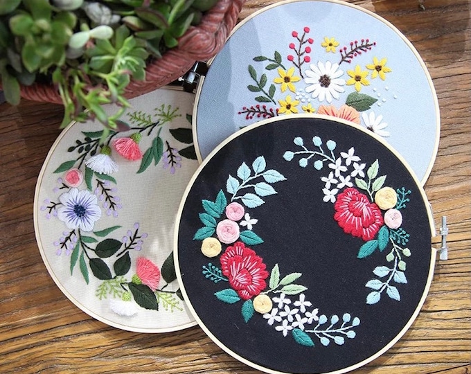 Embroidery Kit For Beginner| Modern Embroidery Kit with Pattern|Embroidery Full Kit with Needlepoint Hoop| DIY Craft Kit Double Hoops