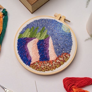 Embroidery Kit For Beginner Modern Crewel Embroidery Kit with Pattern Embroidery Hoop Plants Full Embroidery DIY KIT Landscape Pattern 3