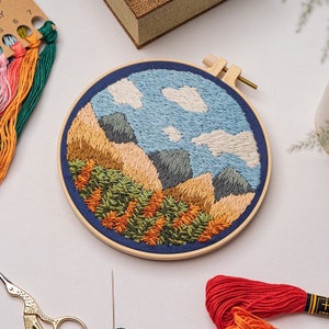 Embroidery Kit For Beginner Modern Crewel Embroidery Kit with Pattern Embroidery Hoop Plants Full Embroidery DIY KIT Landscape Pattern 7